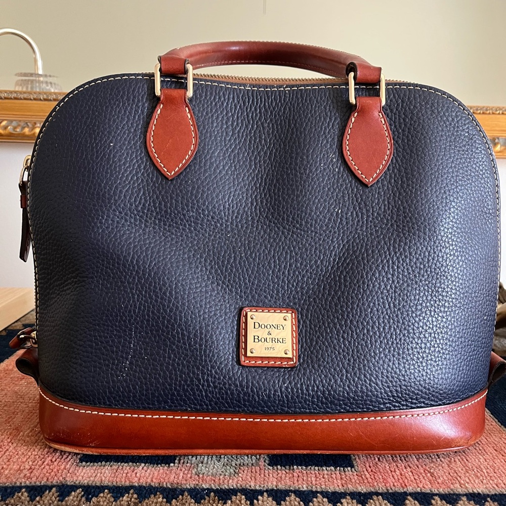 Dooney & Bourke Black Pebbled Leather Dome Satchel Blue with Brown Trim